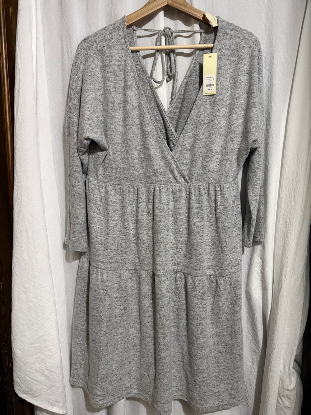 Francesca's Collections Light Grey Wrap-Tie Tiered Knit Dress